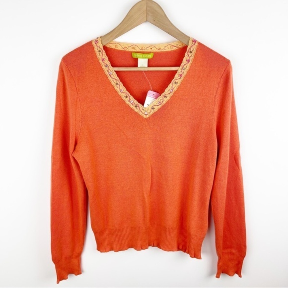 Sigrid Olsen Garden Grace V Neck Silk Sweater Bright Orange NWT Size Large